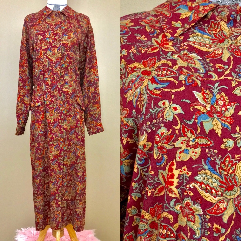 Vintage Maggy London Floral Paisley Maroon Dress